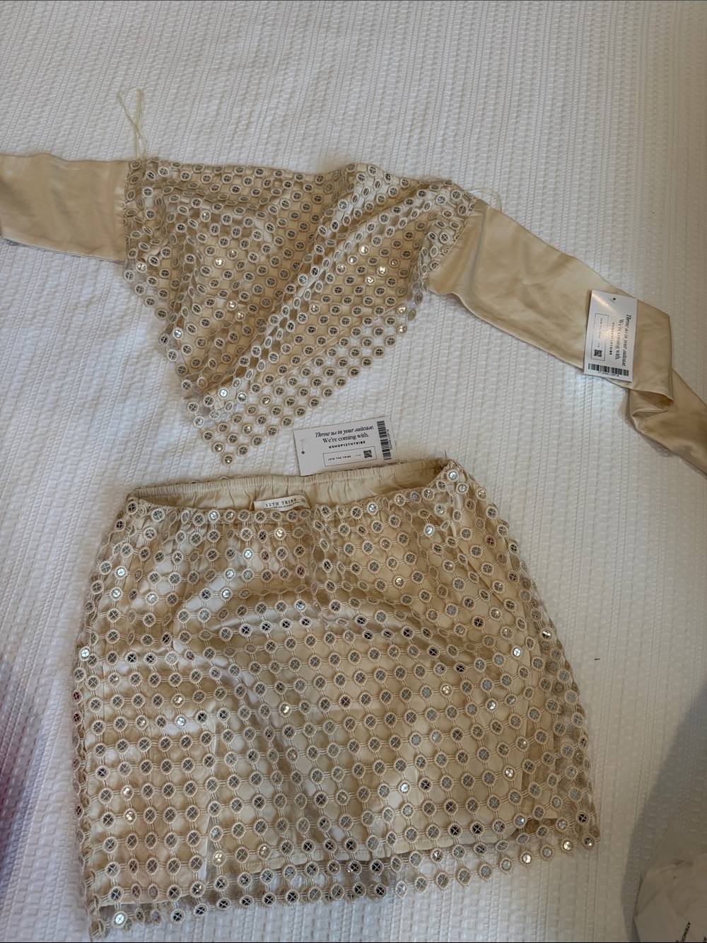 12th Tribe Cream Sequin Two-Piece Skirt Set with Sash